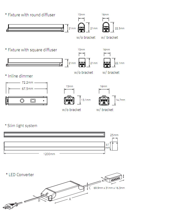 Diffuser,Dimmer,Converter dimension