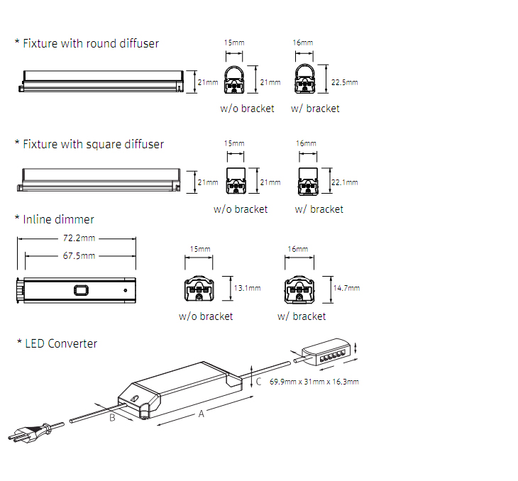 Diffuser,Dimmer,Converter dimension