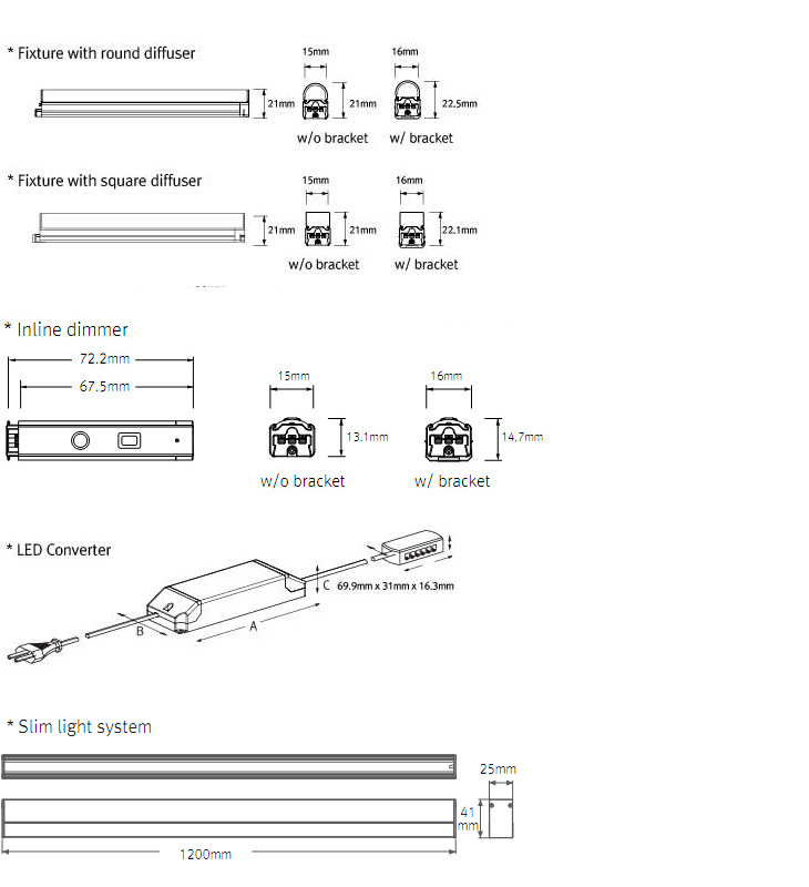 Diffuser,Dimmer,Converter dimension